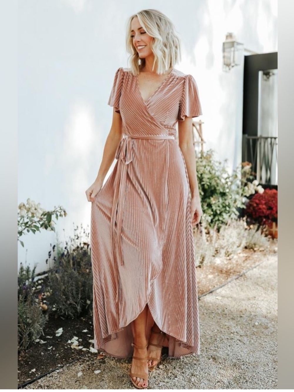Baltic Born Andi Ribbed Velvet Wrap Dress Size XS Champagne Short Sleeve V-Neck